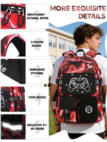 1 Set Kids Backpack With Cool Pattern, USB Charging Port, Game Controller Print, Includes Lunch Bag, Luggage Strap, Zipper Closure, Multi-Pocket Design, Suitable For Daily Use, Camouflage Blue/Red Set - Lightning - View 5