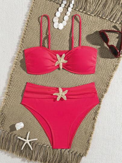 Solid Color Backless Beach Casual Bikini Set, Decorated With Starfish Pattern, Made Of High Stretch Fabric, Comfortable To Wear Vacation Summer