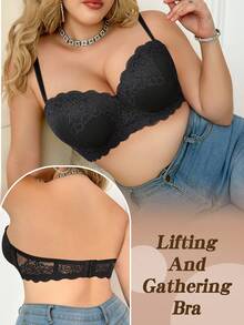 Women's Plus Size Black Lace Strapless Bra - Push Up, Breathable & Comfortable, Vacation Resort Wear - Black - View 5