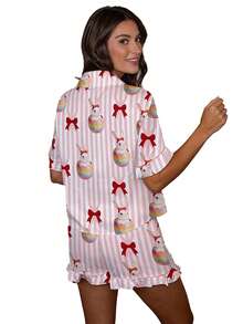 Conjunto de pijama de Pascua para mujer, 2 piezas, ropa de estar por casa, con estampado de conejito de Pascua, camisetas y pantalones cortos de manga corta, ropa de dormir. - Rosa - Ver 5