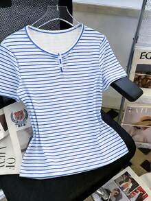1pc Girls' Elastic Ribbed Fabric Casual Minimalist Classic Retro Ribbed Design Button Short Sleeve T-Shirt, Spring/Summer - Blue - View 2