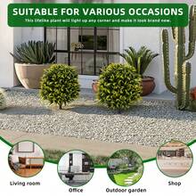 Hodeffior Juego de 2 bolas topiarias artificiales de boj de 65 cm con hojas de sauce. Plantas artificiales resistentes a los rayos UV con estaca para el suelo. Decoración para jardín, patio y puerta de entrada (interior y exterior). - Verde - Ver 7