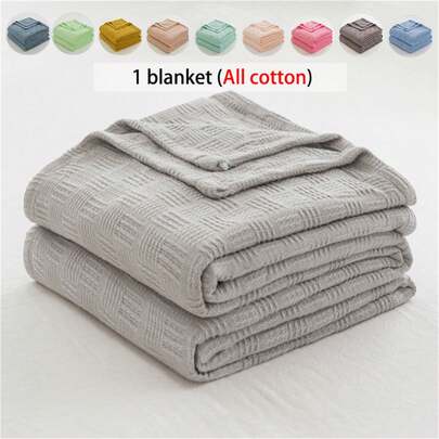 1 chiếc chăn dệt kim 100% cotton - Thiết kế kẻ caro nhẹ, thoáng khí | Chăn ga gối đệm dùng được cả bốn mùa | Có thể giặt máy | Lý tưởng cho mùa hè và những người hay đổ mồ hôi ban đêm | Chăn mềm mại hiện đại, trang trí nhà cửa đương đại, chất liệu tối giản dễ bảo quản