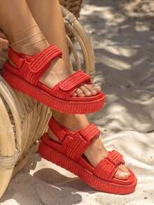 Raffia Platform Sandals For Women Espadrilles Open Toe Ankle Strap Shoes Summer Outdoor Beach Dress - Red - View 10