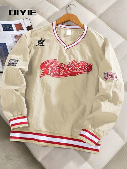 DIYIE 男士时尚卫衣，V领刺绣卫衣，Y2K卫衣，学院风运动卫衣，舒适通勤卫衣