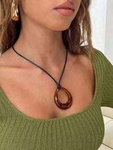 1pc Teardrop Geometric Acrylic Pendant On Leather Cord Necklace Acrylic Hand Dyeing With Color Difference Does Not Affect The Wearing Effect - Multicolor - View 2