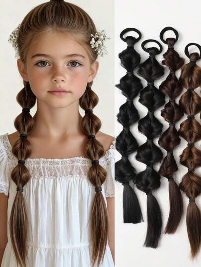 2件装灯笼泡泡辫马尾假发 | 女孩合成高温纤维逼真双马尾，法式复古时尚节日、派对、送给朋友和家人的礼物（发色：黑色、浅棕色、深棕色、棕黑色、金色等）