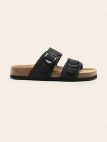 Fashionable Women's Genuine Cork Open-Toe Sandals Double Buckle Adjustable Slides Sandals For Vacation Stylish Outdoor Summer Flat Sandals Slippers - 黑色 - 查看 9