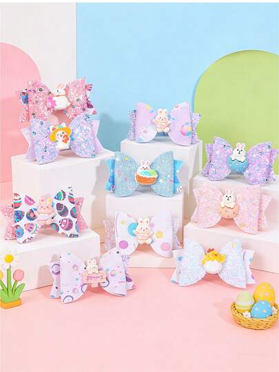 3pcs/Set Easter Hair Bows For Girls,Glitter Bunny Chick Hair Clips Cute 3D Cartoon Hair Barrettes Girls Hair Accessories For Easter Party Favors Dress Up