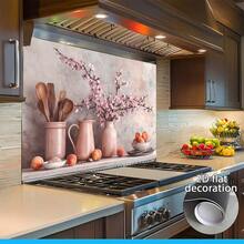 这款2D墙贴描绘了一瓶插满粉色鲜花和水果的花瓶，摆放在桌上。画面逼真，营造出优雅宁静的氛围。这款PVC材质的厨房墙贴易于粘贴。 - 款式1 - 查看 6