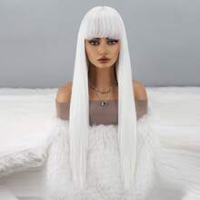 White Wig With Bangs, Long Straight White Wig For Women Heat Resistant Synthetic Womens Hair Wigs For Cosplay Party Halloween - 白色 - 查看 3