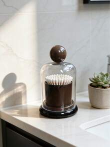 1 Set Minimalist Transparent Acrylic Toothpick & Cotton Swab Storage Box | Dust-Proof Container With Wooden Knob Lid | Modern Vanity Organizer For Bathroom Decor - A - View 5