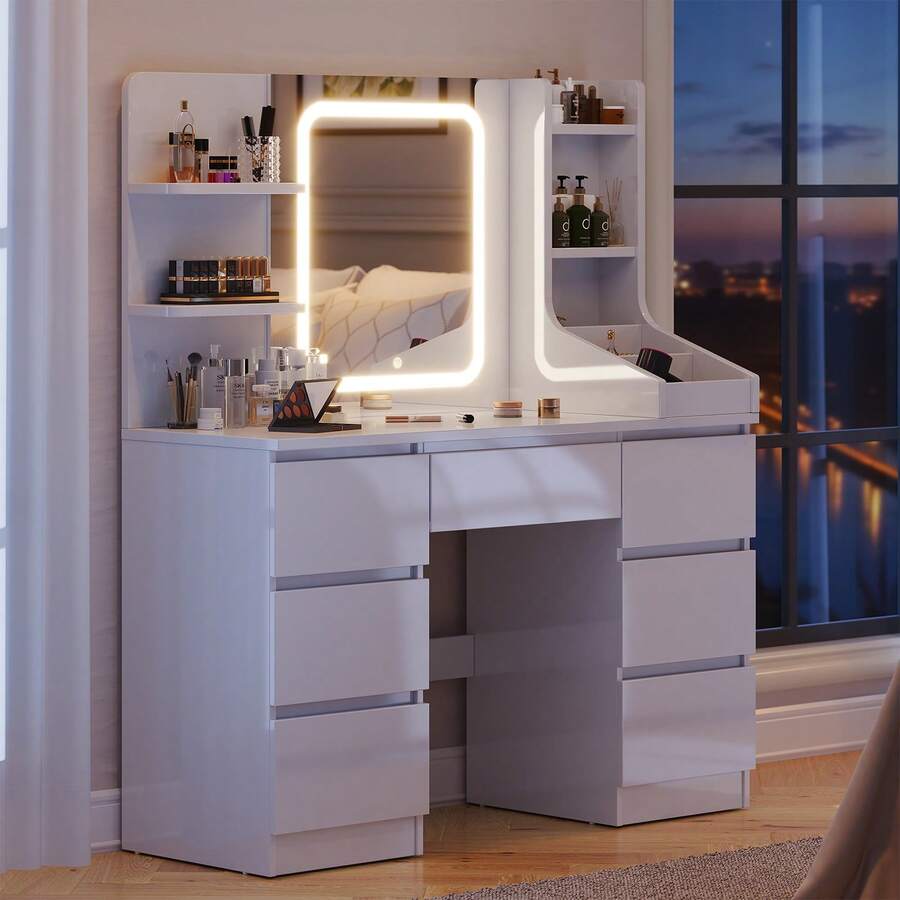 Devoko Vanity Unit With LED Lighting, 3-Stage Brightness Control, Vanity Unit With Adjustable Mirror, 7 Drawers And Open Shelves, Modern Wooden Dressing Table For The Bedroom, Stylish Contemporary Design, Stepless Dimming, White/Pink/Black - White - View 1