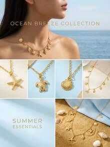 1pc Bohemian Style Fashion Textured Golden Sea Creature Pendant Necklace - Seashell, Starfish, Turtle, Versatile Beach Holiday Essential Accessory, Great Gift - Gold - View 6