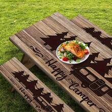 3pcs Retro Camping Themed Stretch Table & Chair Covers - Faux Wood Grain RV Pine Tree Outdoor Picnic Table Cloth Set, Durable Polyester Elastic Edged Rectangular Tablecloth For Indoor, Patio, Camping, Party, Kitchen - Multicolor - View 1