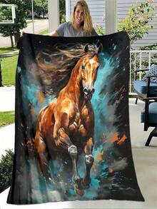 1 White Horse And Turquoise Blue Flannel Blanket - Featuring A Galloping Brown Horse And Turquoise Splash Design, Approximately 280g/M2 All-Season Flannel, Suitable For Beds, Sofas, Travel, And Camping - A Soft And Warm Equestrian-Themed Bedspread (Turquoise) - White - View 1