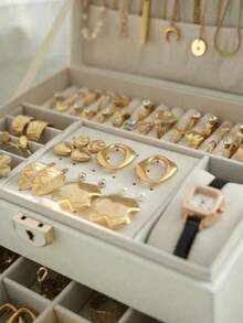 1 pieza Caja de almacenamiento de joyas de cuero multicapa, adecuada para aretes, anillos, relojes, collares y pulseras, gran capacidad, antioxidante - multicolor - Ver 9