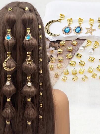 36pcs Hair Charms Braids Gold Hollow Moon& Green Filigree Inlaid Rhinestone Braid Accessories Loc Jewelry For Women (Moon)