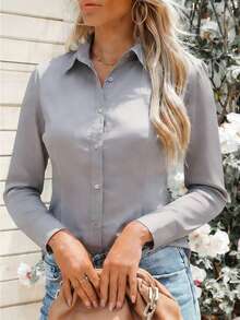 Women's Gray Long Sleeve Non-Sheer Design Breathable Comfort Button Down Blouse Work Blouse For Women Office Outfits Business Casual Woman Teacher Outfits Solid Color Shirt Work Outfits - 灰色 - 查看 8