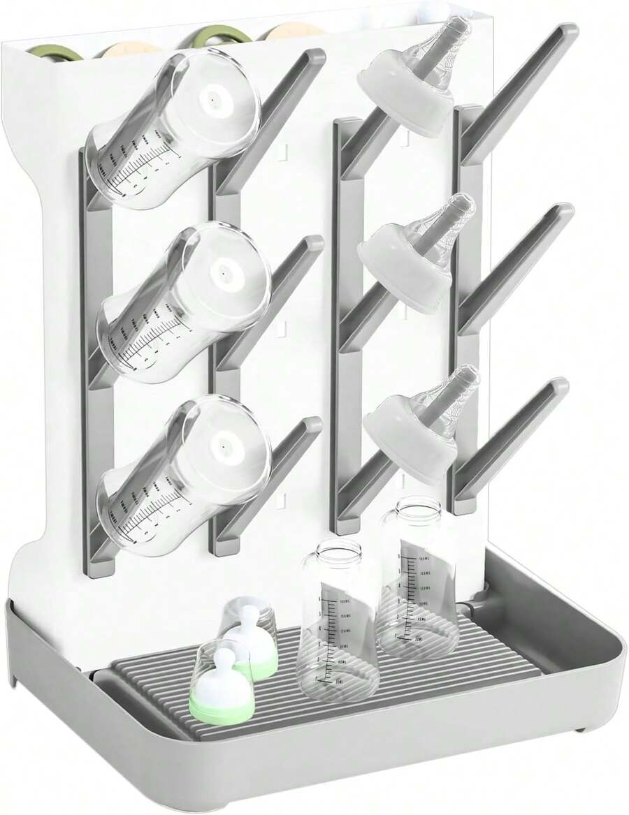 Baby Bottle Drying Rack – 3-Tier Vertical Storage Stand For Bottles, Pump Parts & Pacifiers – Includes Detachable Drip Tray – Space-Saving, Quick-Dry - Grey - View 1
