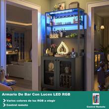 Muebles para Cocina, Gabinete para Vinos con Luces LED, Cantina Bar Mueble para Casa con Toma de Corriente, 5 Niveles Estante para Vinos y Copas, Gabinetes de Almacenamiento (Negro/Blanco) & cocina | cocina accesorios | accesorios para cocina - Negro - Ver 4