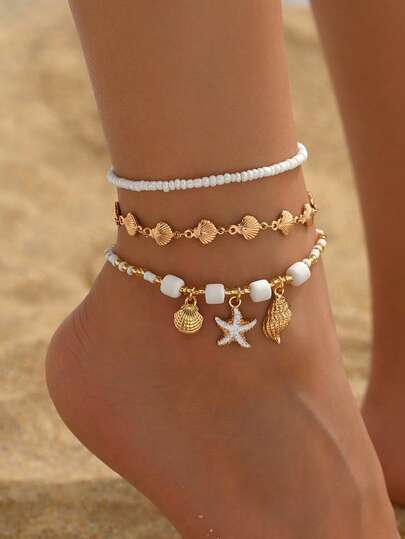3pcs/Set Summer Ocean Style Soft Clay Bead, Random Beaded Metal Starfish, Shell, Conch Pendant Anklet, Fashionable Gold Shell Handmade Chain Jewelry For Women, Suitable For Daily Outfit, Decoration, Beach Holiday, And Dating