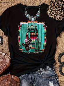 Women's Cactus Print T-Shirt - Soft & Stretchy, Vibrant Southwestern Design, Crew Neck, Short Sleeve - Perfect For Casual Outings, Office, & Casual Attire, Vacation Clothing|Cactus Graphic Tee|Smooth Texture Top - 黑色 - 查看 1