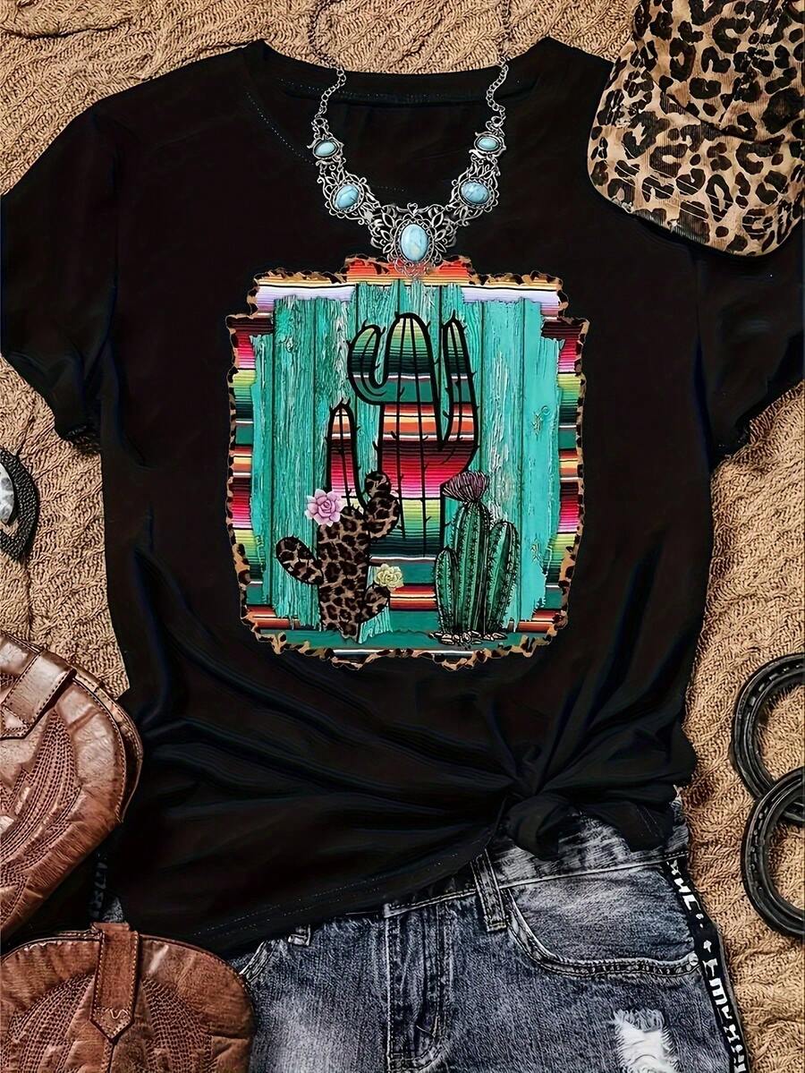 Women's Cactus Print T-Shirt - Soft & Stretchy, Vibrant Southwestern Design, Crew Neck, Short Sleeve - Perfect For Casual Outings, Office, & Casual Attire, Vacation Clothing|Cactus Graphic Tee|Smooth Texture Top - 黑色 - 查看 1