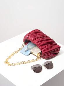 Ruched Pleated Metal Chain Shoulder Bag, Elegant Women's Wallet, Suitable For Commuting, Work, Party, Date (Random Pattern) - Burgundy - View 6