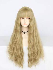 Sweet Ash Blonde Long Curly Wig With Bangs Fluffy Synthetic Wig For Y2K Daily & Cute Outfits - Khaki - View 12