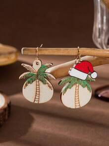 2pcs Popular Women's Fashion Minimalist Cute Wooden Coconut Tree Christmas Hat Earrings, Wedding Engagement Party Jewelry Gift - Gold - View 4