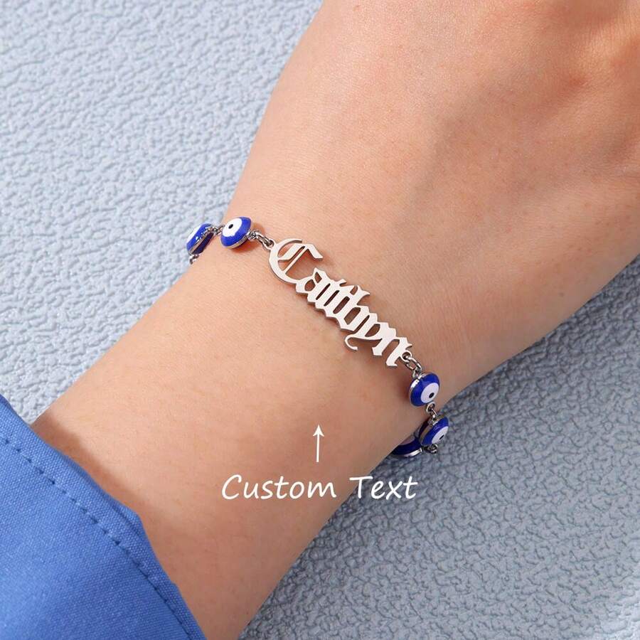 Custom Old English Name Bracelets For Women Men Stainless Steel Evil Eye Chain Customized Bracelet Personalized Wrist Jewelry Birthday Gift - Multicolor - View 1