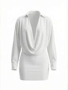 Women's White Satin Two Pieces Set | Cowl Neck Draped Blouse & Ruched Mini Skirt For Party & Night Out - White - View 5