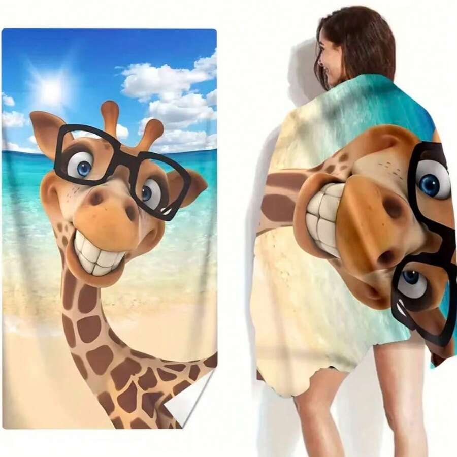 1pc Cute Cartoon Giraffe Pattern Beach Towel - Soft, Absorbent And Lightweight! Camping & Travel Towels - A - View 1