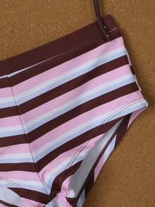 Conjunto de bikini a rayas rosa y morado para mujer, estilo sensual de vacaciones, traje de baño de 2 piezas, atuendo de playa de verano 2026, vestido de cumpleaños para mujer, ropa deportiva para mujer, vestido elegante para mujer, ropa de vacaciones para mujer, blusa casual para mujer - Multicolor - Ver 5