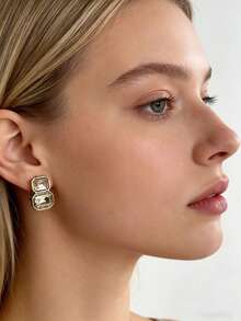 Double Square Crystal StudEarrings- Women's Fashion Jewelry - Gold - View 1