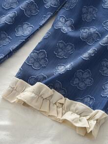 2pcs Girls' Fashion Set, Denim Effect Sleeveless Printed Lapel Top Paired With Lace Patchwork Long Pants, Casual Outfit - Blue - View 9