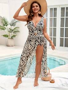 New Plus Size Allover Print One-Piece Bikini Set With Mesh Wrap Skirt, Elegant Colorblock Floral Print Beach Swimwear For Women Vacation Summer - Apricot - View 5