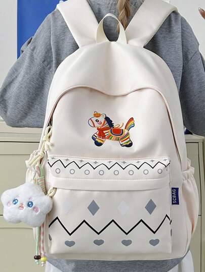 1pc Large Capacity Cartoon Pony Embroidery & Geometric Print Multi-Pocket Functional Backpack, Women's Portable College Style Student Bookbag, Comes With Cartoon Star Pendant, Suitable For School, Classes, Work, Shopping, Travel, Back To School Season