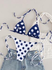 2 pièces/set Nouveau 2026 Bikini d'été pour femmes en vacances à la plage, sexy, mignon, frais, mode, avec Top à lacets et imprimé pois - Bleu azur - Voir 5