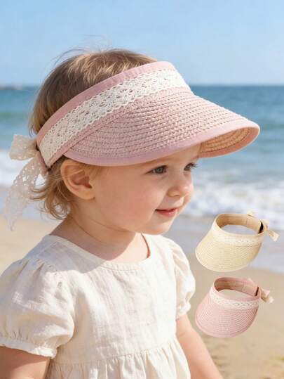 1 pieza Sombrero de visera de paja con protección solar y ribete de encaje para niñas pequeñas, gorra de playa de ala ancha transpirable para verano y actividades al aire libre