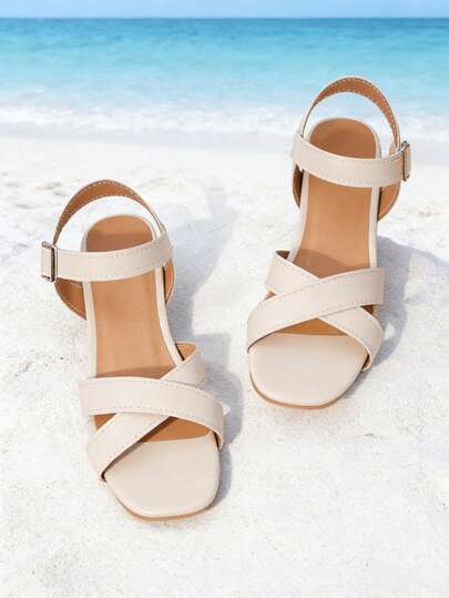 1 Pair Girls' Light Beige Matte Minimalist Double-Strap Sandals, Soft PU Material Non-Slip Wear-Resistant Open-Toe Buckle Design, Low Heel, Elegant Versatile Style Suitable For Birthday Party/Performance