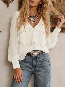 elfnokto Blusa de mujer vintage de unicolor con cuello en V, diseño de empalme multicapa con remaches incrustados, blanco primavera - Blanco - Ver 4