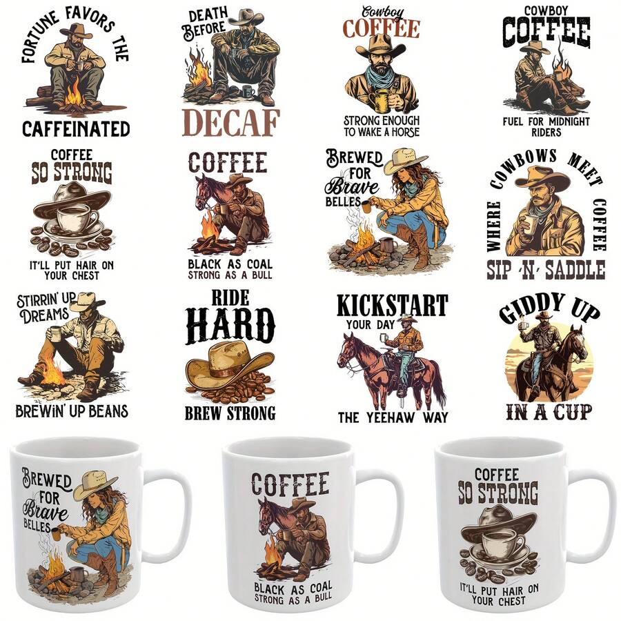 CHNVICK 12PCS/SET UV DTF Cup Wrap Cowboy Coffee Pattern Style UV DTF Transfer Paper Suitable For Mugs, Glasses, Tables, Chairs, Computers, High Viscosity UV DTF Transfer Wrap(Mug Not Included) - Multicolor - View 1