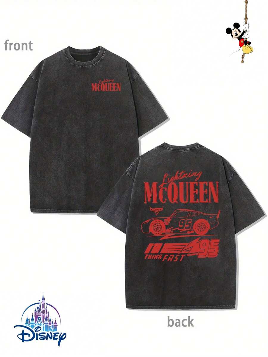 1 New Disney Cotton Washed T-Shirt, Disney Racing Story LIGHTNING MCQUEEN Red Racing Print, Lightning McQueen Racing Car, Round Neck Leisure And Comfortable Cotton Washed T-Shirt, Suitable For Sports And Daily Wear, Good Choice For Gifts, Party Essential, High-Quality Clothing, Suitable For Gifts. - 黑色 - 查看 1