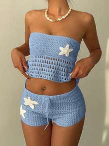 Bộ đồ hai mảnh dệt kim móc họa tiết sao biển phong cách boho gợi cảm thường ngày dành cho nữ. - Màu xanh nhạt - Xem 4