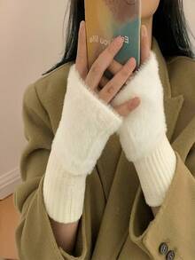 2025 New Y2K Style Women's Mink Fleece Half Finger Gloves, Soft Warm Solid Color Plush Knitted Fingerless Mittens, Fluffy Touch Screen Handguards For Autumn Winter, Cold-Resistant Arm Warmers With Long Sleeve Design, Versatile For Office Work, Student Writing, Streetwear, Parties & Outdoor Activities - 彩色 - 查看 4
