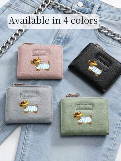 Cartera de tarjetas con cierre de cremallera, con perro salchicha bordado y rayas, patrón de perrito bordado lindo, billetera multifuncional pequeña, de piel sintética de PU, monedero pequeño, combinación de clip de tarjeta y billetera, bolsa de almacenamiento de tarjetas, cuero impermeable, bolsa de tarjetas portátil, adecuada para el almacenamiento diario/de viaje de efectivo y tarjetas de las mujeres, el mejor regalo para los amantes de los perros