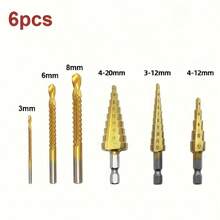 6pcs Pagoda Drill Bit Set, Hexagonal Shank Straight Slot Titanium Coated Stepped Drill Bits, Woodworking Specialized Hole Puncher, Titanium Chrome Cast Iron Cutter - Pagoda Drill Bit - View 2