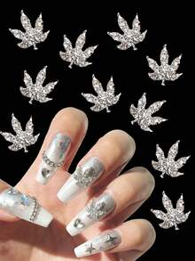 10 Pcs Fall Maple Leaf Nail Charms 3D Alloy Crystal Maple Leaves Nail Rhinestones Luxury Maple Leaf Nail Jewelry Gems Sparkly Nail Gems Nail Art Charms For Women DIY Manicure - Silver - View 1